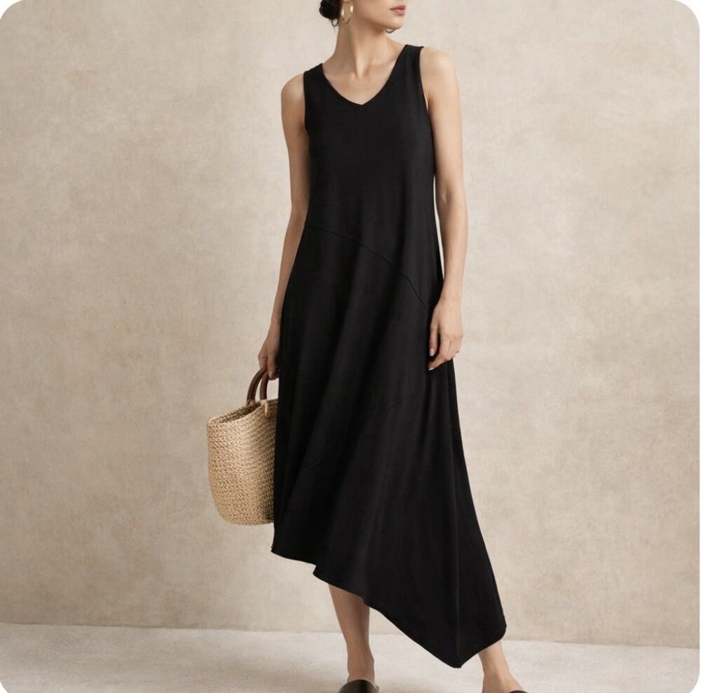 Pure Jill Black Capsule Sz M Tall PJ V Neck Asymmetrical 51” Maxi Dress READ